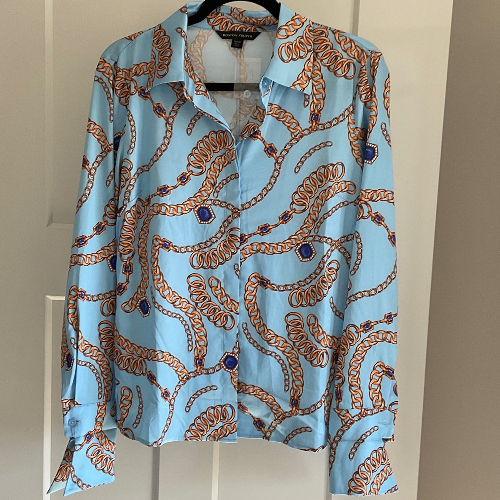 Boston Proper Blue and Gold Chain Print Blouse